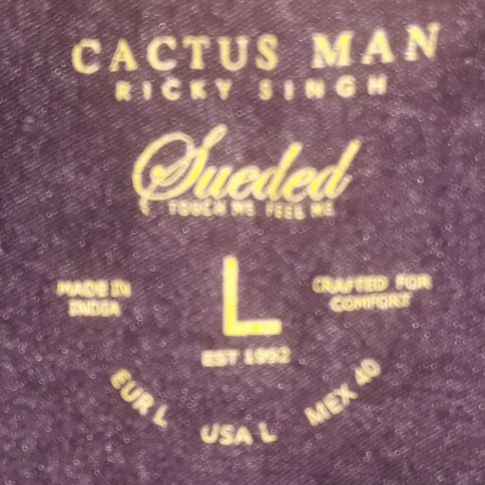 Mens Cactus Man-Ricky Singh Sueded Large V-Neck Purple T-Shirt - Picture 4 of 5